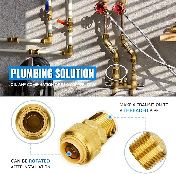 SUNGATOR 1/2 Inch Male Adapter, 1/2 Inch MNPT Adapter, No Lead Brass Push-to-Connect Plumbing Fittings for Pex Pipe, Copper, CPVC, with 1 Disconnect Clip, Pack of 2