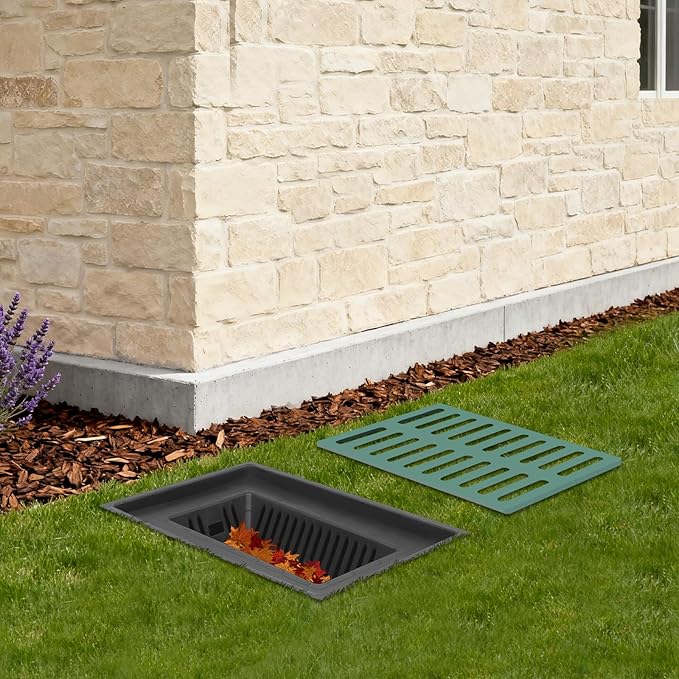 Drainage Catch Basin Kit - 22-Gal Catch Basin with Grate and Debris Basket, Composite Resin Yard Drain for Lawn, Downspout, and Driveway, Easy-Install Drain Box, 25.5 X 17.7 X 23.6in (Black Green)