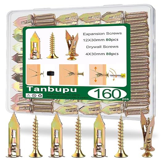 160 PCS Self Drilling Drywall Anchors with Screws 2025 Upgraded Zinc Plated Steel Hollow Wall Anchors(0.47X1.18inch) and Screws, Easy Application No Drill or Holes in Wall