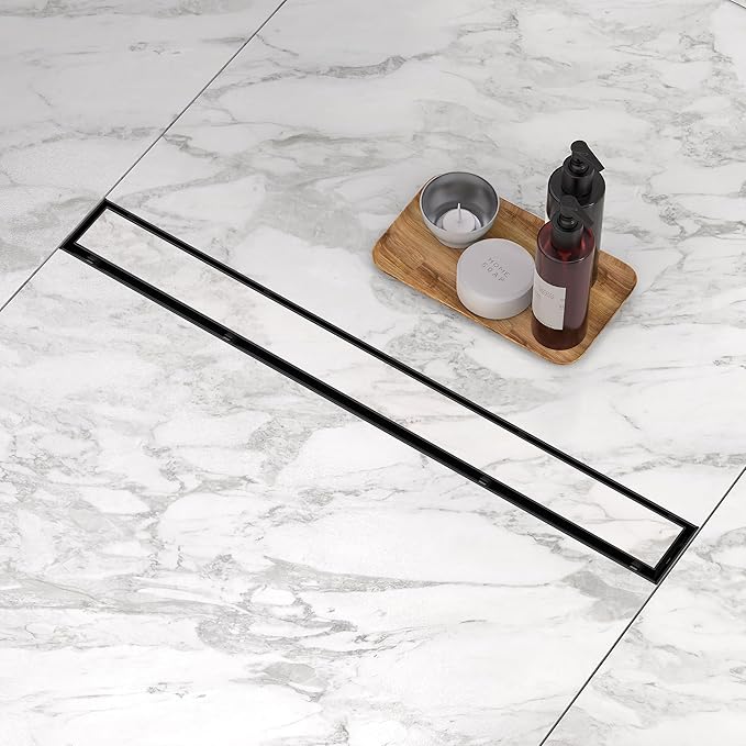 Linear Shower Drain.24 Inch Shower Trench Drain with 2-in-1 Flat Cover & Inser Cover,304 Stainless Rectangle Steel Shower Floor Drain with Hair Strainer and Leveling Feet (Black, 24 in)