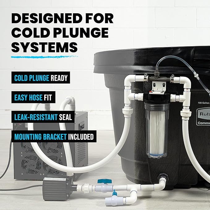 Cold Plunge Water Filter System, 10" Housing with 3/4" NPT Ports, 2× 50 Micron Pleated Filters, Mounting Kit & Wrench, Inline Sediment Filtration for Ice Baths, Whole House, Pool or Spa Use