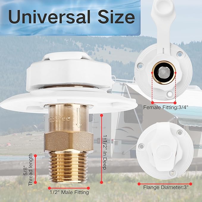 RV City Water Inlet with Check Valve – 3/4″ NH to 1/2″ NPT Brass, White Dust Cap