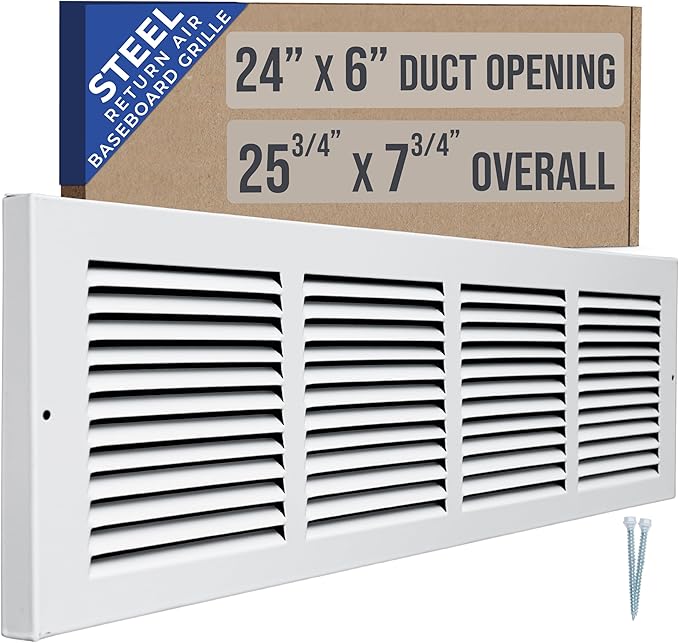 Fits 24x6 Duct Opening | Steel Baseboard Return Air Grille by Handua | Vent Cover Grill | 7/8" Margin Turnback [Depth] to Fit Baseboard | White | Outer Dimensions: 25.75"W X 7.75 "H