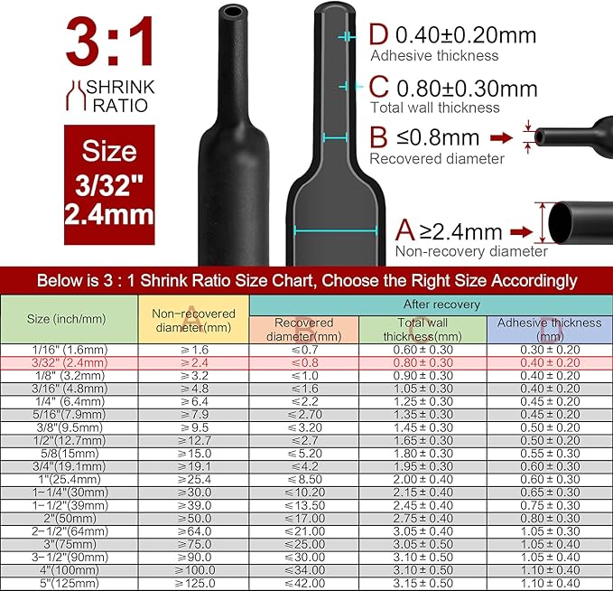Chanzon 3:1 Ratio 3/32" (2.4mm) Heat Shrink Tubing - Marine Grade Waterproof Adhesive Lined - 8Ft Roll (2.5M Total Length) Black Polyolefin Sleeving Wrap Shrinking 3 to 1 Ratio 1pcs