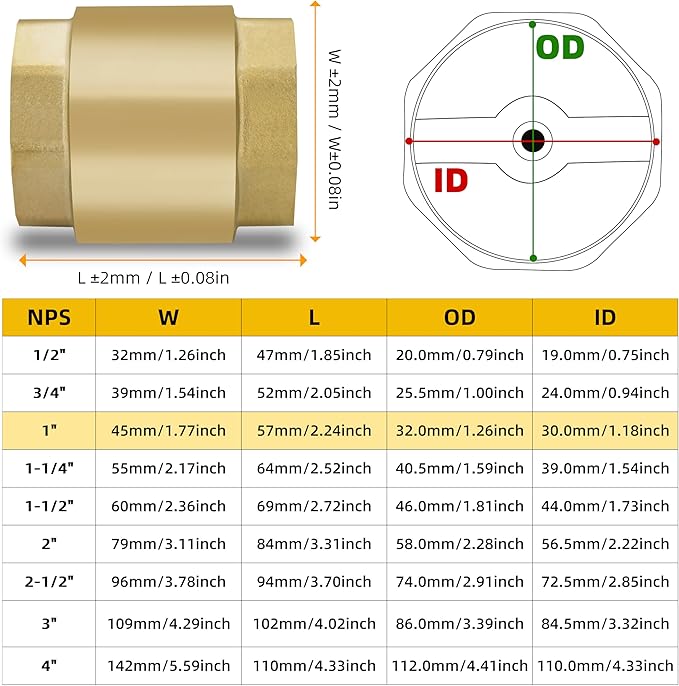 1" NPT Brass Vertical Check Valve, NPT Thread Vertical Lead-Free In-Line Spring Check Valve, Non Return One Way Counterflow Valve to Prevent the Medium Backflow for Oil Water Gas Air DN25