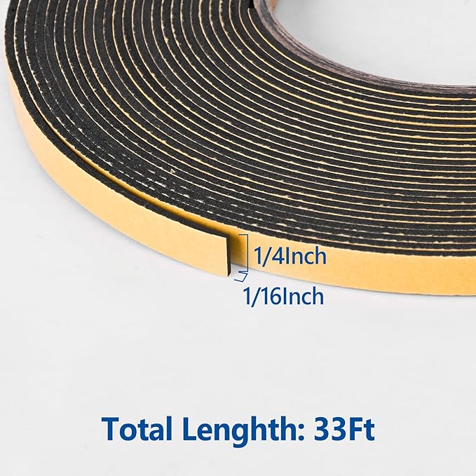 Self Adhesive Foam Tape Weatherstrip 1/4in x 1/16in x 33Ft High Density Foam Insulation Strips Foam Seal Weather Stripping with Strong Adhesive for Door and Window Sound Isolation Soundproofing