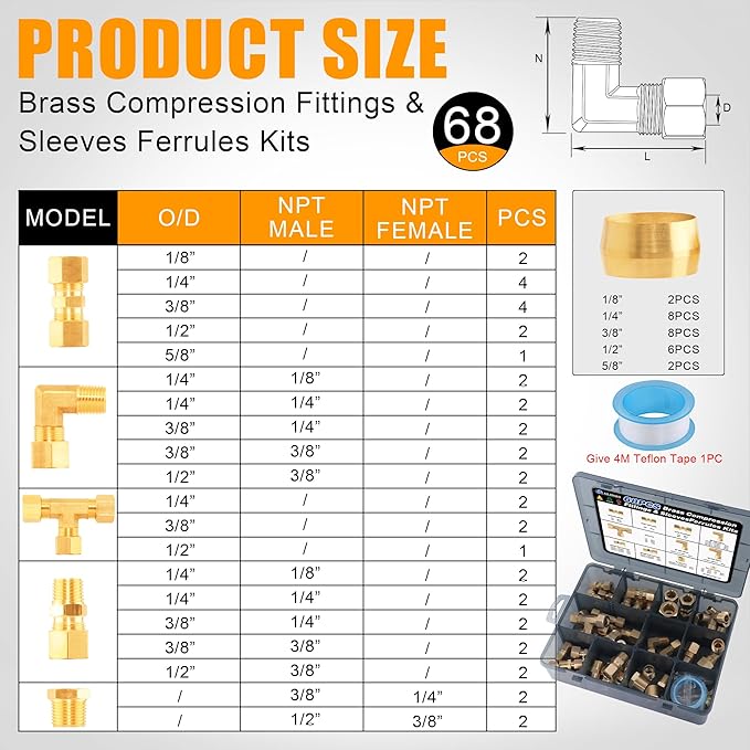 68Pcs Brass Compression Tube Pipe Fittings,Air Nylon Tubing Fittings Assortment Kits 1/4" 1/8" 3/8" 1/2" 5/8" Union/Tee/Elbow/Straight Connector for Industrial Use or Trucks Trailers