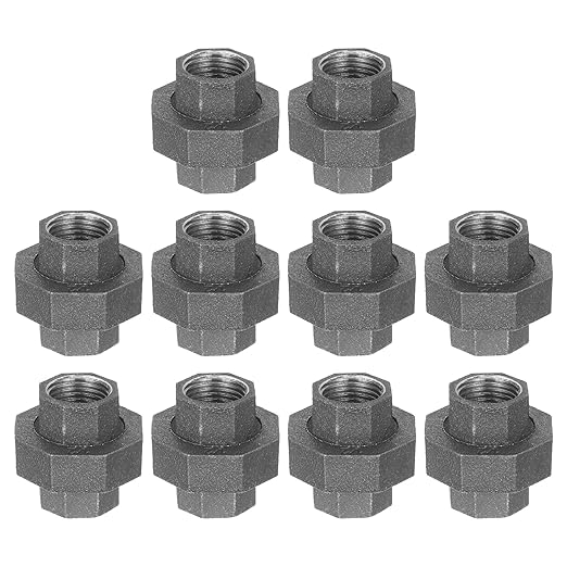 uxcell Pipe Fittings Union, 1/2 Inch Malleable Cast Iron Union Threaded for Vintage Retro Industrial Pipe, Furniture and DIY Decor Black, 10Pcs