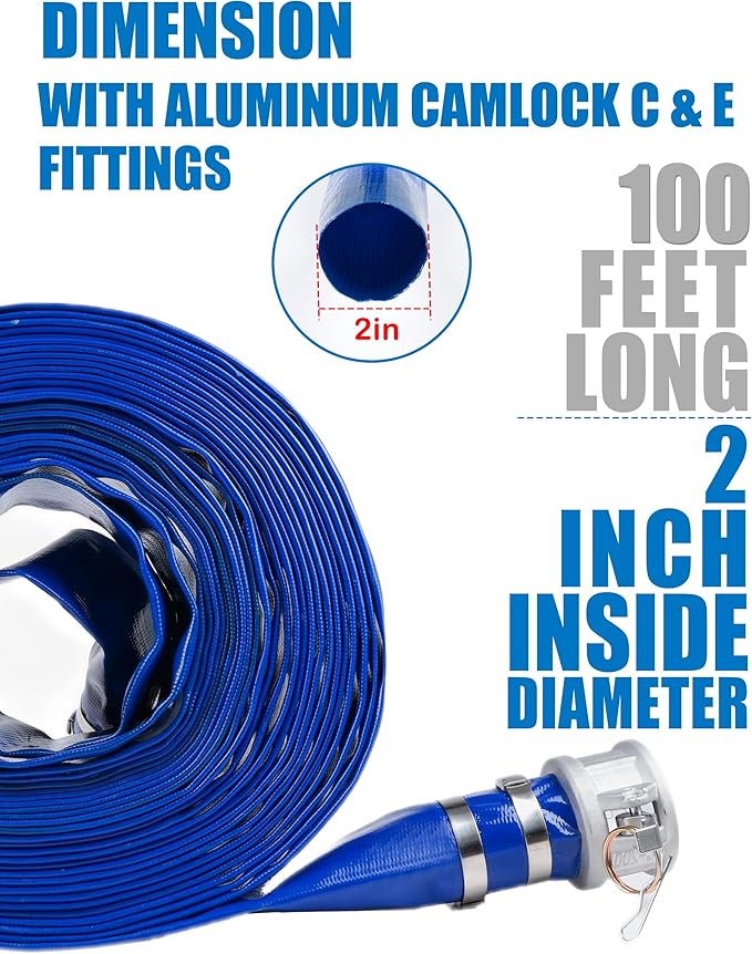 ZYfire Backwash Hose - 2" x 100 FT PVC Lay Flat Discharge Hose with Aluminum Camlock C & E Fittings Heavy Duty Reinforced Pump Discharge Hose Weather and Burst Resistant for Pool Drain, Sump Pump