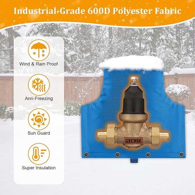 Backflow Preventer Insulated Cover (5°F) for Winter Freeze Protection, 14" W x 13" H Thickened Pressure Reducing Value & Well Pump Cover, Outdoor Waterproof Insulation Pouch for Sprinkler Valve, Blue
