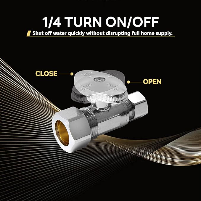 30-Pack Foskan 1/4 Turn Compression Straight Shut off Valve,Straight Stop Valve 1/2" NOM (5/8" OD) x 3/8" OD,Chrome Plated Brass