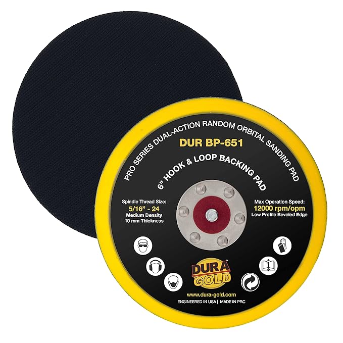Dura-Gold Pro Series 6" Hook & Loop DA Backing Plate Pad - Low Profile Edge, Medium Density, Dual-Action Random Orbital Sanding Pad, 5/16" - 24 Threads - For Sander Polisher Auto Woodworking Sandpaper