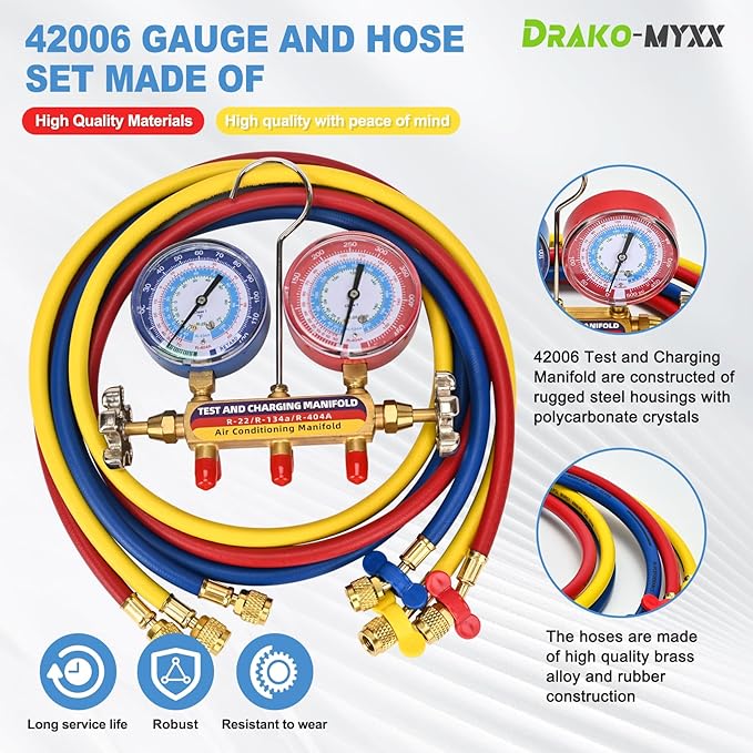 2026 Upgrade 42006 Test and Charge Manifold Set with 3-1/8" (80 mm) Gauge, for R-22/134A/404A, 1/4" to 1/4" Standard Flare Fittings with 72"(6Ft), Hvac Gauges with Colored Label and Hoses Set