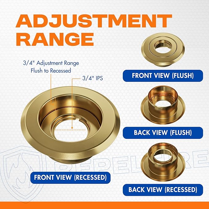Recessed Fire Sprinkler Escutcheon 3/4 in. IPS - 2 Piece in Brass - Depth Adjustment Range up to 3/4 in. for Fire Sprinkler Trim