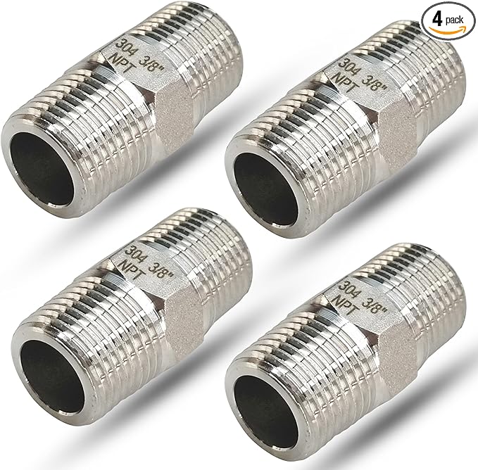 3/8" NPT Male Hex Nipple Pipe Fittings, 304 Stainless Steel 3/8 inch Threaded Pipe Adapter Fittings Equal Nipples Connectors, 4pcs Male Straight Connector Pipe Fitting