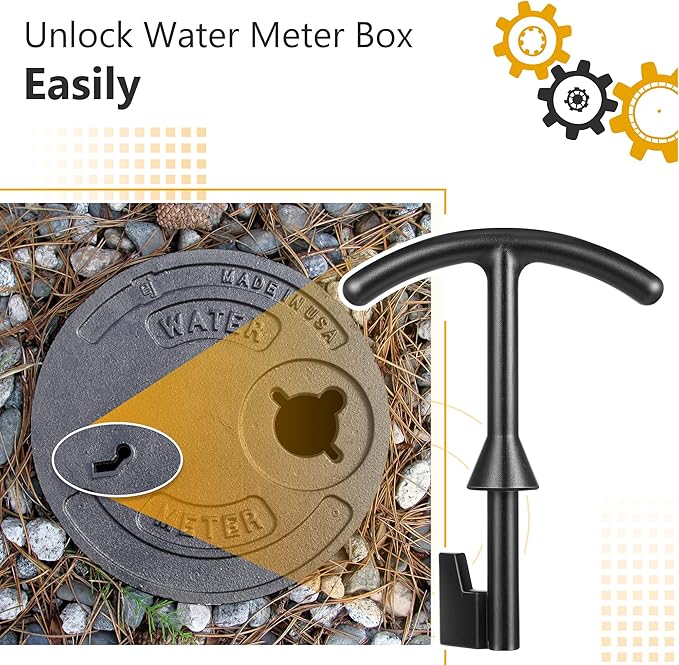 Feekoon 1 Pack 5.5'' Water Meter Box Key, Compatible with M07001 Water Meter Cover Key, Water Meter Cover/lid Opening Tool, Quality Metal T Wrench Hook to Access the Main Valve for Turning Water off