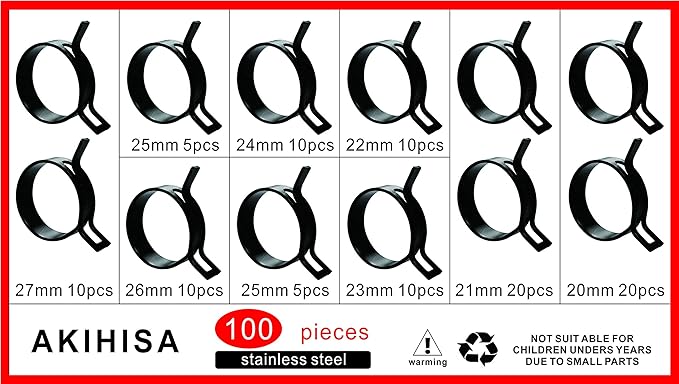 AKIHISA 100 Pcs 20-27mm Spring Hose Clamp, Spring steel 65Mn Fuel Hose Clamp, 8 sizes for Silicone Vacuum Fuel Oil Hose Line Clamps