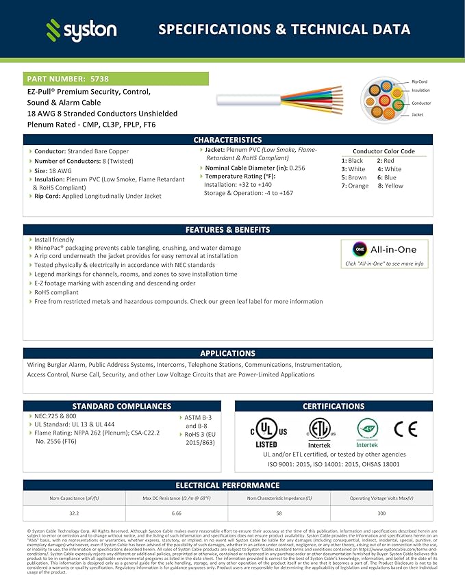 SYSTON 18/8 Fire Security Burglar Station Sound Alarm Control Cable Wire, 18 AWG 8 Conductors Plenum-Rated CMP/CL3P Unshielded Stranded Copper, UV Resistant RoHS for Low Voltage Applications Use