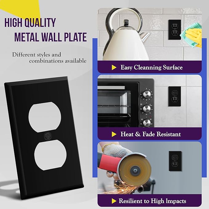 ENERLITES Duplex Receptacle Metal Wall Plate, Outlet Cover, Corrosion Resistant, Standard Size 1-Gang 4.50" x 2.76", Powder Coated Stamped Steel, 7721-BM, Black Matte