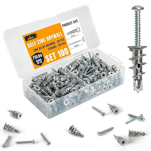 ALBO #6 Zinc Self-Drilling Drywall Anchors, 100PC Set – Includes 50 Heavy Duty Sheetrock Anchors & 50#6 x 1-1/4'' Screws – 75LB Capacity for Hanging and Mounting