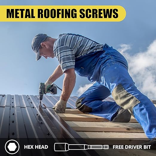 300pcs #10 x 1 Black Hex Head Self-Drilling Metal Roofing Screws, EPDM Washer, Colored Head, Wood Screws, Sheet Metal Roof Screw with Hex Driver Bit