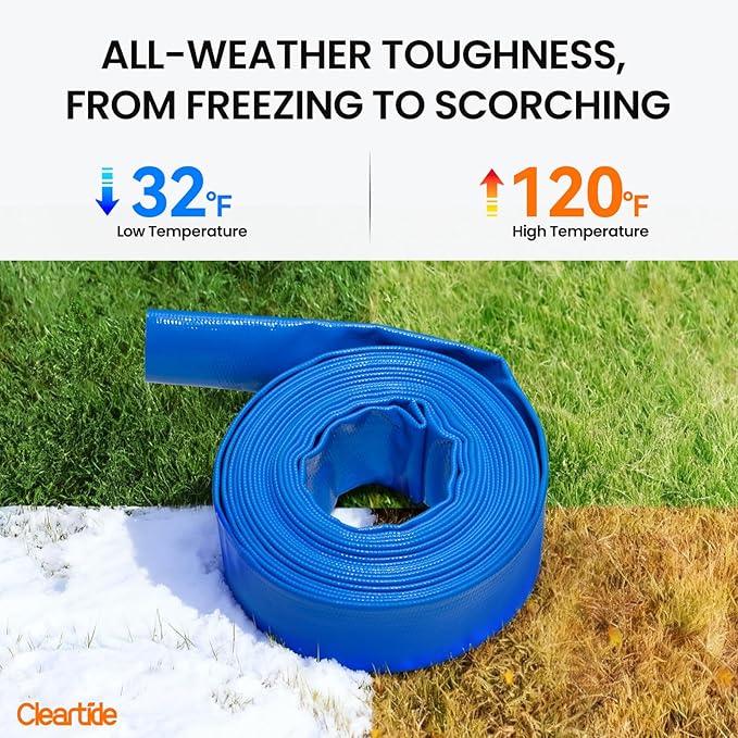Cleartide Pool Backwash Drain Hose with Camlock Fittings, 1-1/2" x 25ft Heavy Duty Reinforced Blue PVC Lay Flat Discharge Hose for Pump, Pool Drainage, Includes 150M Adapter & Stainless Steel Clamp