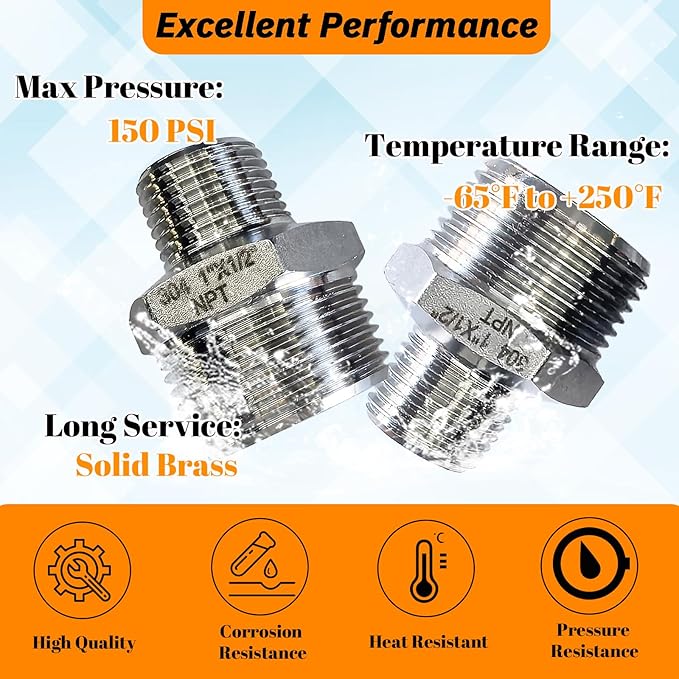 2pcs 1" NPT x 1/2" NPT Stainless Steel Nipple, 1" to 1/2 Adapter Fitting Reducing Solid Hex Stainless Steel Nipple, Male Reducer for Extending and Connecting Pipes