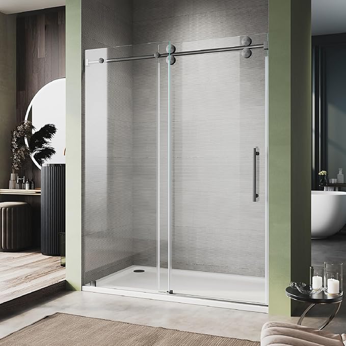 61-65 Inch x 76 Inch Sliding Frameless Shower Door, 3/8" Tempered Glass with Easy-Cleaning Coating, Stainless Steel Rollers & SGCC-Certified Stability, Space Gray
