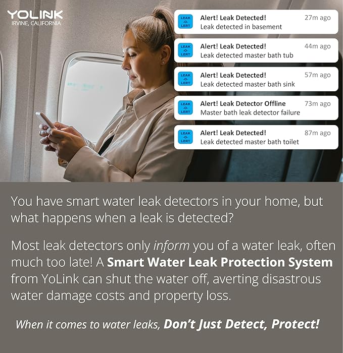 YoLink LoRa Smart Water Leak Protection System, Including 1/2" Commercial Grade Smart Motorized Stainless Steel Valve, (3) Water Leak Sensors, Hub: Up to 1/4-Mile Range, IFTTT, Alexa, Home Assistant