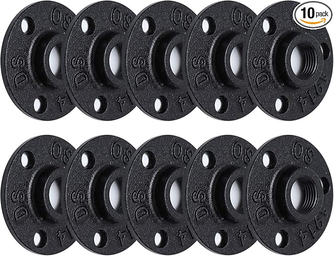 1/2" Antirust Black Painted Floor Flange, 10 PackMalleable iron Pipe Fittings for Industrial vintage style, Flanges with Threaded Hole for DIY Project/Furniture/Shelving Decoration (10, 1/2")