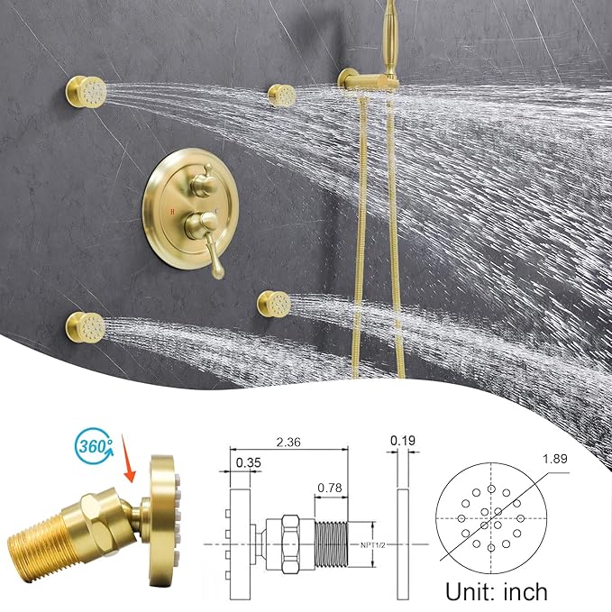 Enga Antique Shower Faucet Sets 8 inch Rainfall Head with Body Jets Handheld Spray Fixtures Combo, Brass 3 Way Diverter Rough in Valve Trim Kit, Brushed Gold