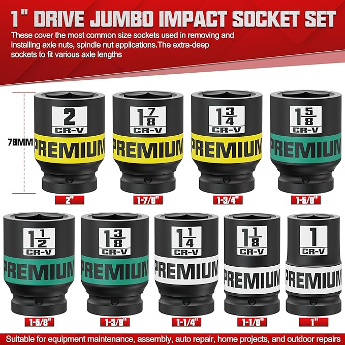 1" Drive Jumbo Impact Socket Set, SAE Axle Nut Sockets, 9-Piece (1-2 in.) Drive Deep Impact Socket Set, 6-Point, Cr-V Steel, Universal Hex Deep Socket Set with heavy Duty Storage Case