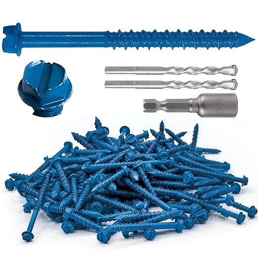 100Pcs 1/4"x3" Concrete Screws with Drill Bit, Hex Head Concrete Cement Screws Anchor Assortment Kit for Masonry, Block Brick or Stucco