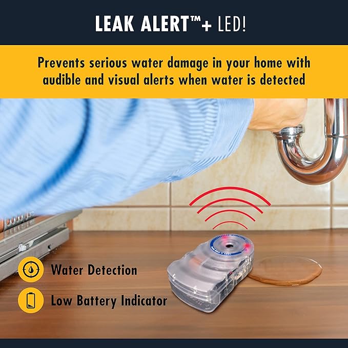 Zircon Leak Alert + LED! Water Leak Detector & Flood Sensor Alarm/Water Leak Sensor with Dual Leak Alarms 90dB Audio + Flashing LED lights/Battery Powered (5 Pack) Batteries Not Included, (72313)