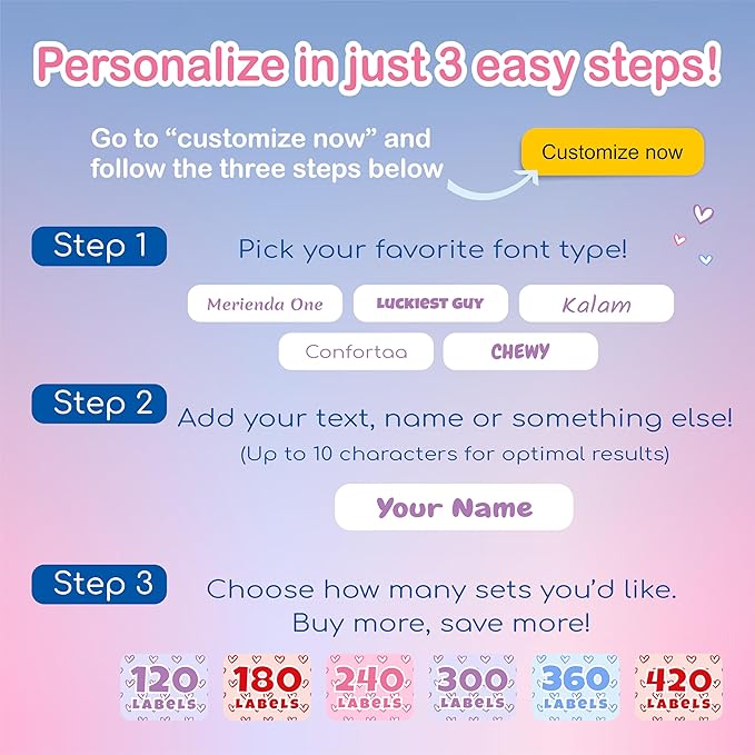 KYTRA Personalized Name Labels for Kids 120 Stickers for Daycare & School Supplies, Clothes, Toys, Lunchboxes and More - Waterproof, Laundry, Dishwasher & Microwave Safe, Made in USA (Cutie Love)