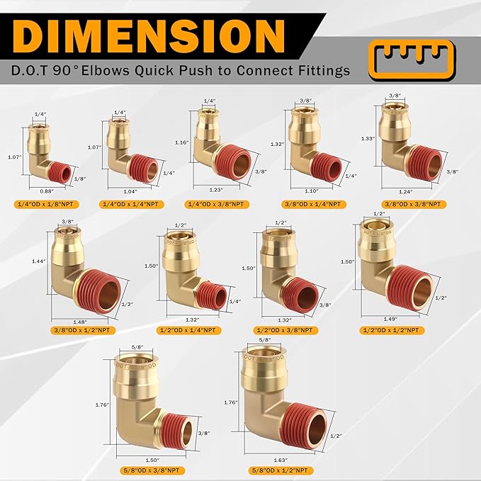 5PCS DOT Air Brake Line Fittings Brass 90 Degree Union Elbow Joint DOT Approved 1/2" Tube OD x 1/4" NPT Thread Air Brake Line Adapter Air Suspension Kit for Car Truck Trailers