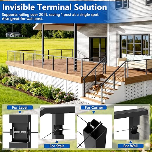 10 Pack Patent Swageless 1/10" 1/8" Invisible Cable Railing Kit Terminal Toggle Anchor Angle, Invisible T316 Stainless Steel Cable Railing Hardware for Corner, Stair & Wall Posts, Brushed