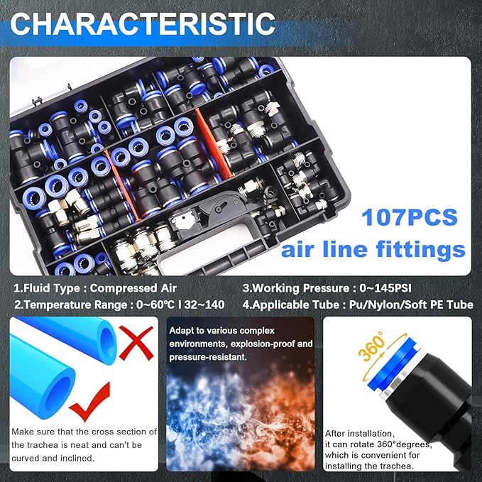 mxuteuk 116PCS Air Line Quick Connect Fittings,1/8",1/4",5/16",3/8",1/2",4/6/8/10mm OD Push to Connect Fittings,Quick Connect Air Hose Fitting,Quick Release Pneumatic Kit