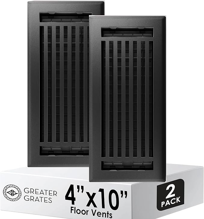 Floor Register 4x10 Vent Cover – 2 Pack – Heavy-Duty Steel, Rustproof & Walkable Grates, Drop-in Install, Adjustable Air Supply Switch - Decorative Straight Line Design, Textured Black