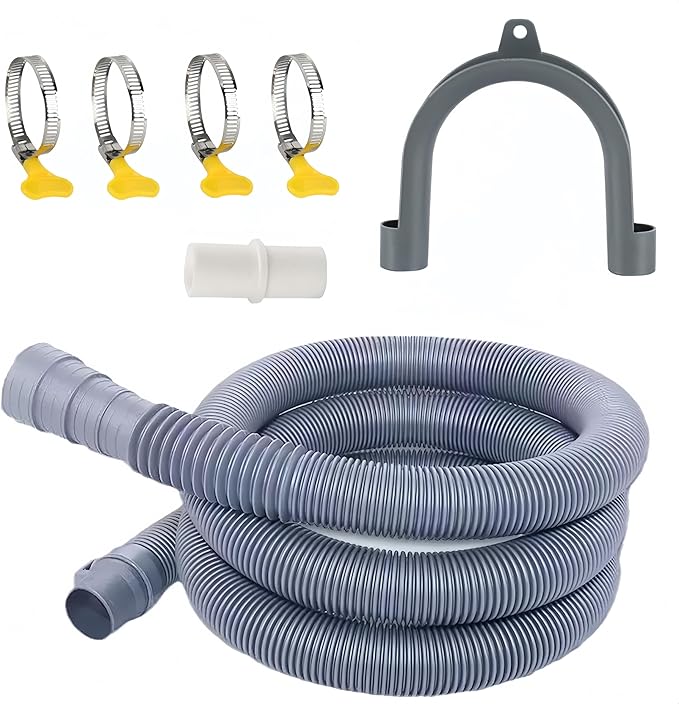 10FT Flexible Corrugated Washer Drain Hose Kit, Compatible with Various Brands of Washing Machine and Dishwasher Drain Hose Extension Kits - Includes 1 Adapter, 4 Clamps, 1 U-Bend Bracket