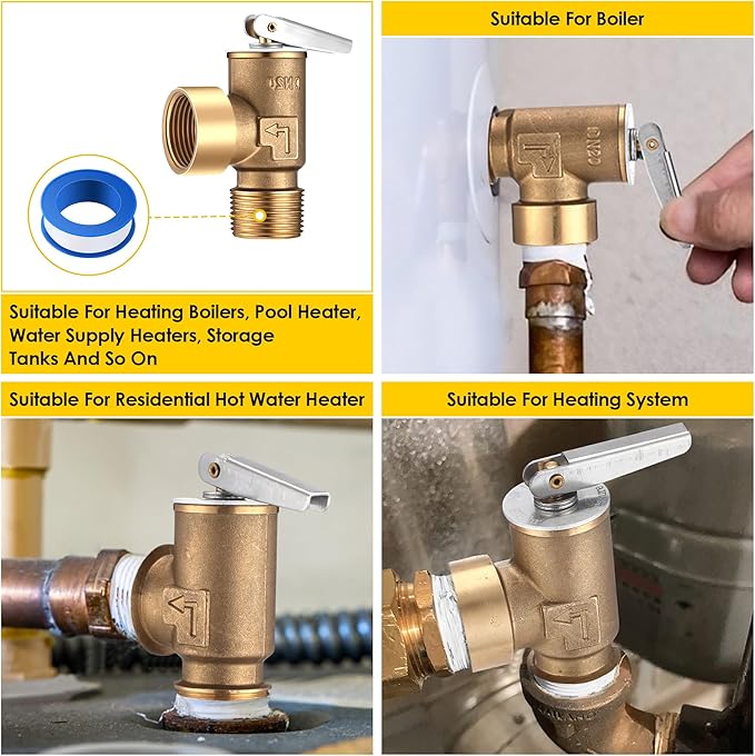 150 PSI Pressure Relief Valve, Boiler Relief Valve with 3/4 NPT Thread, PTFE Thread Seal Tape, Brass, for Hot Water and Cold Water Systems