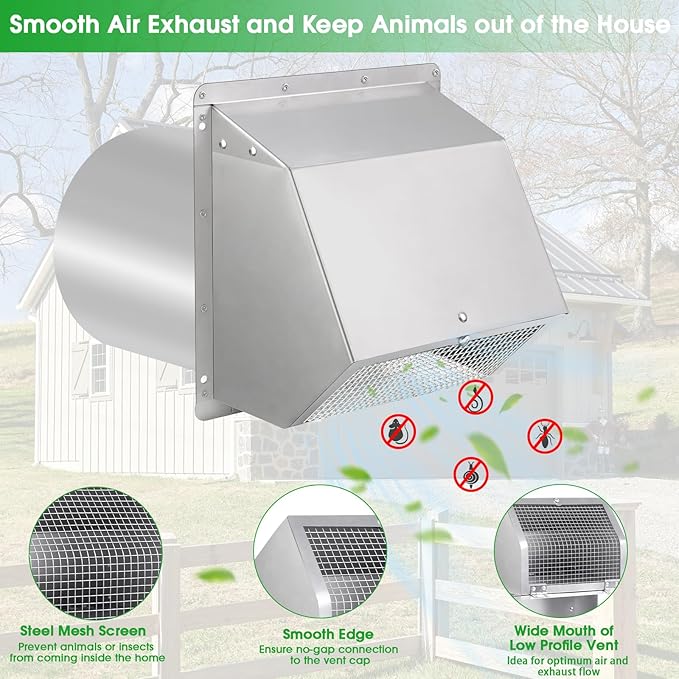 4 Inch Dryer Vent Cover Outside Hooded Wall Vent with Screen and Damper,4" Exterior Wall Vent Dryer Air Vent,Exhaust Wall Mount Cover Cap for Dryer Ventilation&Outdoor Air Exhaust, Stainless Steel