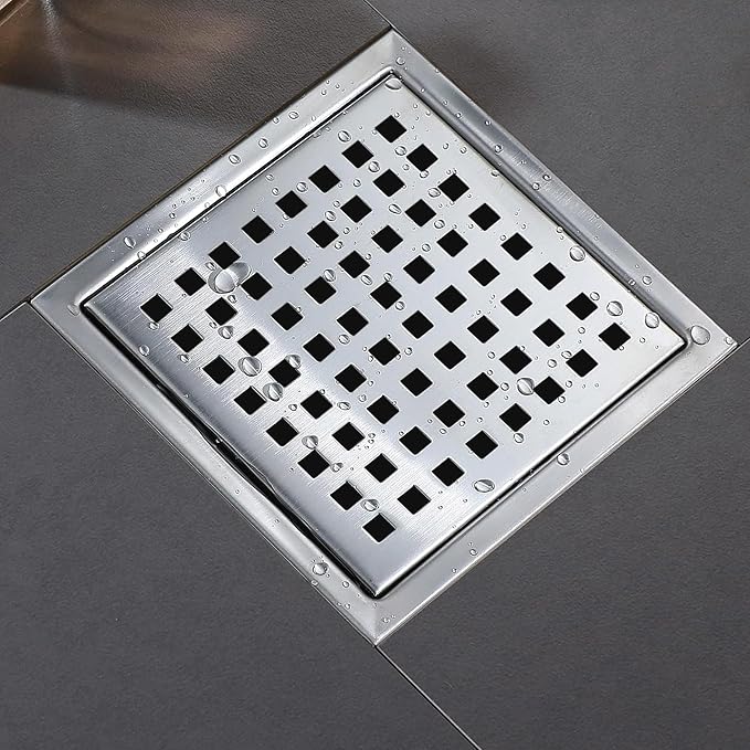 6 Inch Square Shower Floor Drain, Shower Drain Kit with Flange, Square Shower Drain, SUS 304 Stainless Steel Floor Drain,Silver