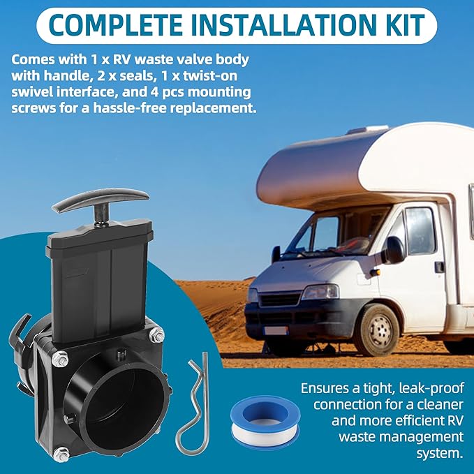 TonGass 3-Inch RV Waste Valve Body with Handle, Durable RV Sewer Valve Replacement for Campers, Trailers, and Motorhomes, Mess-Free Water Valves, Heavy-Duty Camper Sewer Pipe Fitting - Black