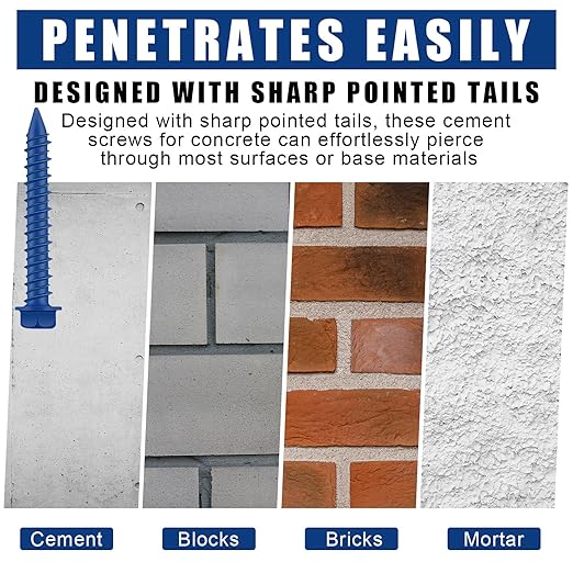 200 Qty 1/4" x 1-1/4" Hex Head Concrete Screws Anchor with Drill Bits Blue Slotted Hex Screws for Anchor Masonry, Block, Brick, Cement, Stucco, Diamond Point and Wood Fastening