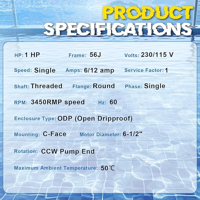 B228SE Pool Pump Motor 1 HP, Fit for Century A.O. Smith 1HP Single Speed, 3450 RPM, 56J Frame, 115A/230V, 6/12 Amps, Swimming Pool Motor