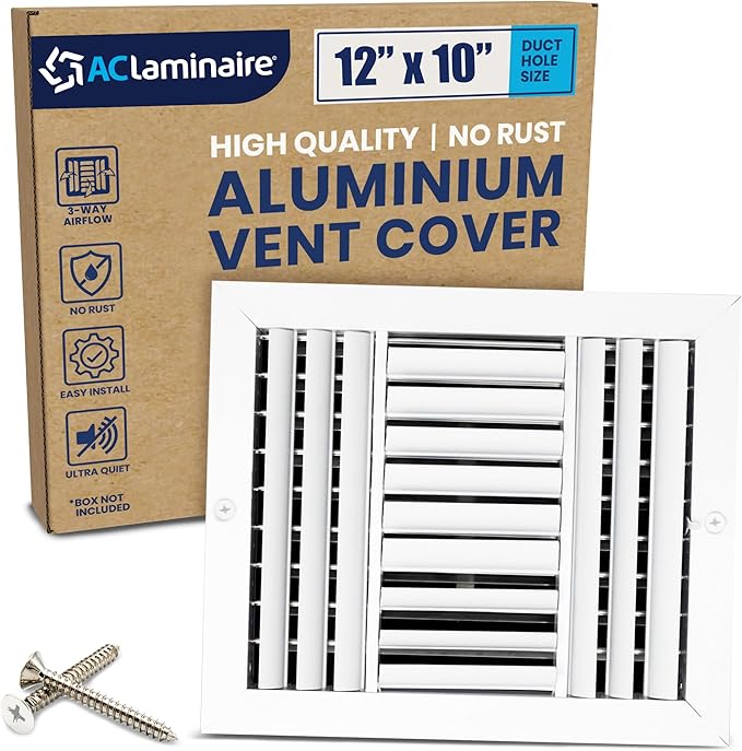 12x10 Inch (Duct Opening) Aluminum 3-Way Air Flow Vent – HVAC Vent Cover for Wall or Ceiling – Quiet HVAC Wall Register with Multi-Shutter Damper – Adjustable Curved Blade - Plastic Seal for Tight Fit