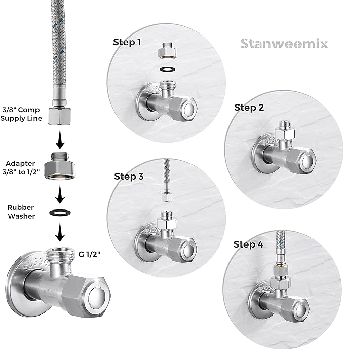 Water Line Adapter, 4 PCS Pipe Fittings in 1/2" Female to 3/8" Male Reducer Adapter, Compression Fitting for Kitchen Bathroom Faucet Supply Hose, Stop Valve Pipe Connector With Rubber Washer