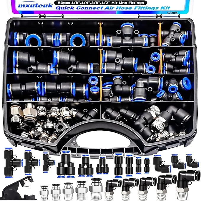 mxuteuk Quick Connect Air Hose Fittings Kit,1/8",1/4",3/8",1/2" Push to Connect Fitting,Air Line Quick Connect Fittings,Quick Release Pneumatic Kit (53PCS)