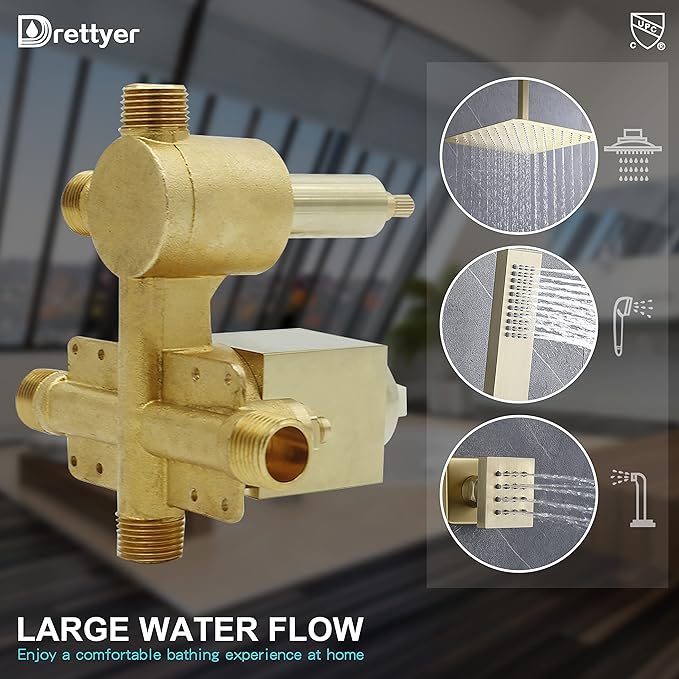 Brushed Gold 3 Way Shower Valve, Concealed Brass 3 Outlet Function Shower Diverter Valve Flow Control Mixer Mixing Rough-In Shower Valve Kit